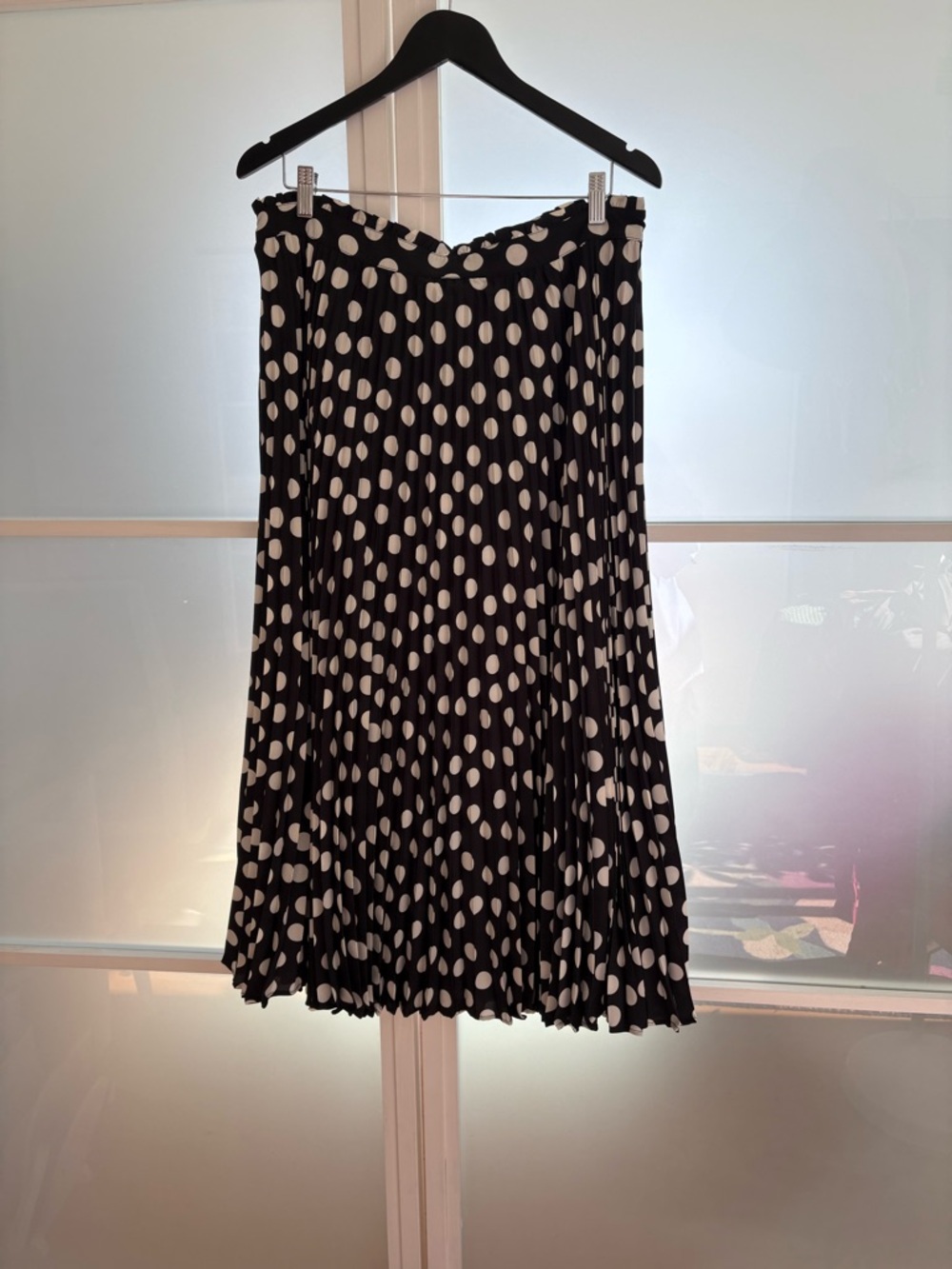 Anthropologie Black pleaded Midi Skirt with White Polka Dots NWT